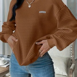 Waffle Loose Sweatshirt, Casual Long Sleeve Crew Neck Sweatshirt, Women's Clothing