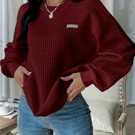 Waffle Loose Sweatshirt, Casual Long Sleeve Crew Neck Sweatshirt, Women's Clothing