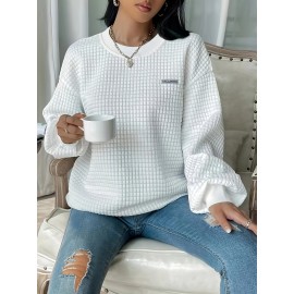 Waffle Loose Sweatshirt, Casual Long Sleeve Crew Neck Sweatshirt, Women's Clothing