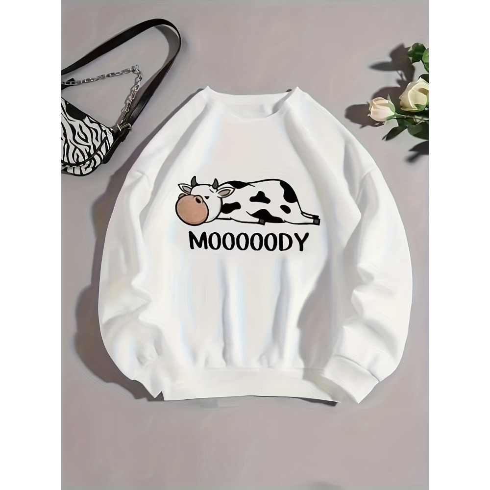 Cow & Letter Print Pullover Sweatshirt, Casual Long Sleeve Crew Neck Sweatshirt For Fall & Winter, Women's Clothing