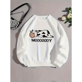 Cow & Letter Print Pullover Sweatshirt, Casual Long Sleeve Crew Neck Sweatshirt For Fall & Winter, Women's Clothing