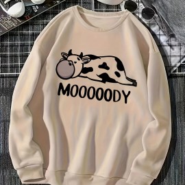 Cow & Letter Print Pullover Sweatshirt, Casual Long Sleeve Crew Neck Sweatshirt For Fall & Winter, Women's Clothing