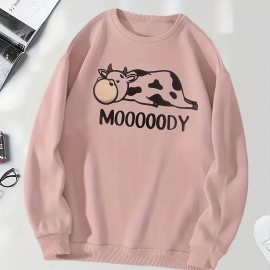 Cow & Letter Print Pullover Sweatshirt, Casual Long Sleeve Crew Neck Sweatshirt For Fall & Winter, Women's Clothing