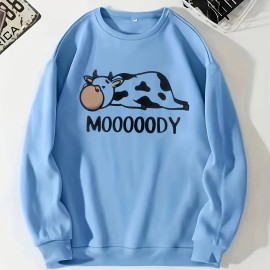 Cow & Letter Print Pullover Sweatshirt, Casual Long Sleeve Crew Neck Sweatshirt For Fall & Winter, Women's Clothing