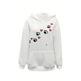 Paw & Heart Print Kangaroo Pocket Hoodie, Casual Long Sleeve Drawstring Hoodie Sweatshirt, Women's Clothing