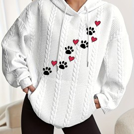 Paw & Heart Print Kangaroo Pocket Hoodie, Casual Long Sleeve Drawstring Hoodie Sweatshirt, Women's Clothing