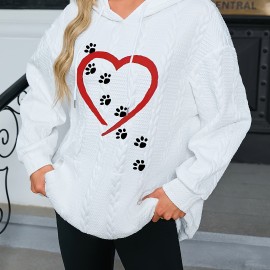 Paw & Heart Print Kangaroo Pocket Hoodie, Casual Long Sleeve Drawstring Hoodie Sweatshirt, Women's Clothing