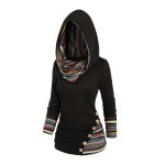 Button Decor Ethnic Print Hoodie, Casual Long Sleeve Hooded Top, Women's Clothing