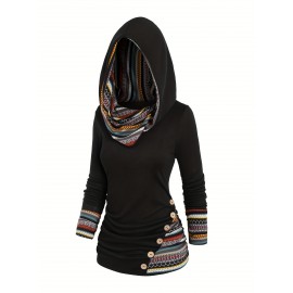 Button Decor Ethnic Print Hoodie, Casual Long Sleeve Hooded Top, Women's Clothing