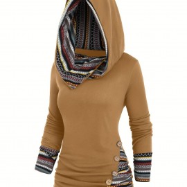 Button Decor Ethnic Print Hoodie, Casual Long Sleeve Hooded Top, Women's Clothing