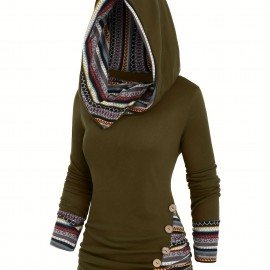 Button Decor Ethnic Print Hoodie, Casual Long Sleeve Hooded Top, Women's Clothing