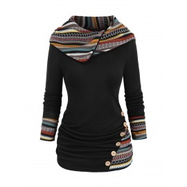 Button Decor Ethnic Print Hoodie, Casual Long Sleeve Hooded Top, Women's Clothing