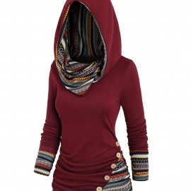 Button Decor Ethnic Print Hoodie, Casual Long Sleeve Hooded Top, Women's Clothing