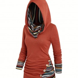 Button Decor Ethnic Print Hoodie, Casual Long Sleeve Hooded Top, Women's Clothing