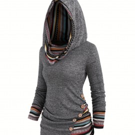 Button Decor Ethnic Print Hoodie, Casual Long Sleeve Hooded Top, Women's Clothing