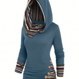 Button Decor Ethnic Print Hoodie, Casual Long Sleeve Hooded Top, Women's Clothing