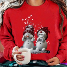 Christmas Snowman Print Sweatshirt, Crew Neck Casual Sweatshirt For Spring & Fall, Women's Clothing