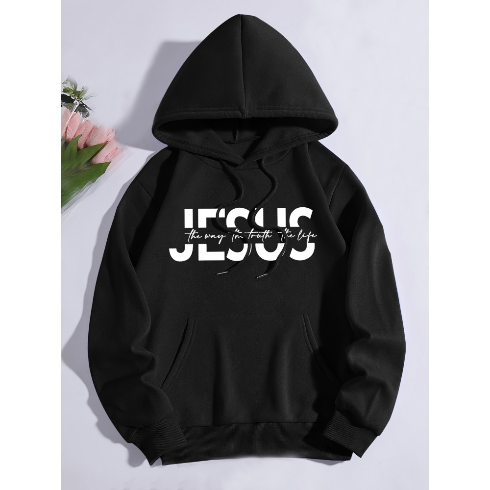 Jesus Print Hoodie, Casual Pocket Long Sleeve Drawstring Hoodies Sweatshirt, Women's Clothing