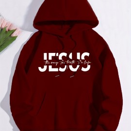 Jesus Print Hoodie, Casual Pocket Long Sleeve Drawstring Hoodies Sweatshirt, Women's Clothing