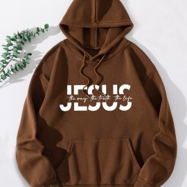 Jesus Print Hoodie, Casual Pocket Long Sleeve Drawstring Hoodies Sweatshirt, Women's Clothing