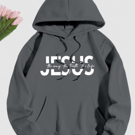 Jesus Print Hoodie, Casual Pocket Long Sleeve Drawstring Hoodies Sweatshirt, Women's Clothing