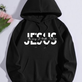 Jesus Print Hoodie, Casual Pocket Long Sleeve Drawstring Hoodies Sweatshirt, Women's Clothing