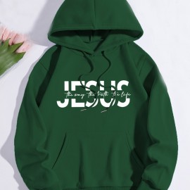 Jesus Print Hoodie, Casual Pocket Long Sleeve Drawstring Hoodies Sweatshirt, Women's Clothing