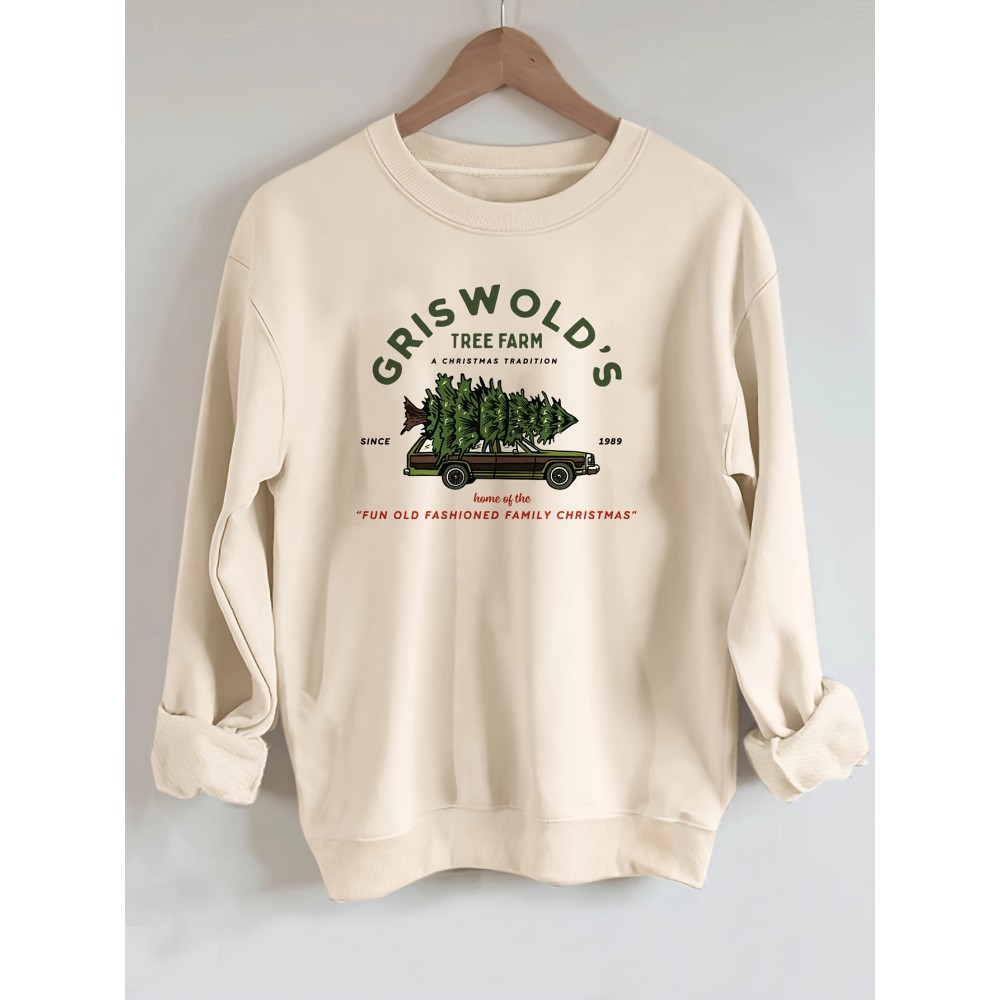 Christmas Tree & Car Print Sweatshirt, Casual Long Sleeve Crew Neck Drop Shoulder Sweatshirt, Women's Clothing