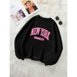 New York Print Loose Sweatshirt, Casual Long Sleeve Crew Neck Sweatshirt, Women's Clothing