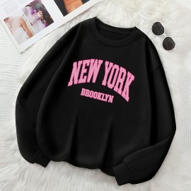 New York Print Loose Sweatshirt, Casual Long Sleeve Crew Neck Sweatshirt, Women's Clothing