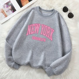 New York Print Loose Sweatshirt, Casual Long Sleeve Crew Neck Sweatshirt, Women's Clothing