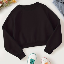 Solid Crop Pullover Sweatshirt, Casual Long Sleeve Crew Neck Sweatshirt, Women's Clothing