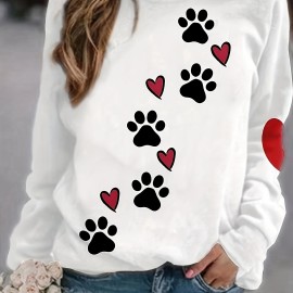 Paw & Heart Print Pullover Sweatshirt, Casual Long Sleeve Crew Neck Sweatshirt For Fall & Winter, Women's Clothing