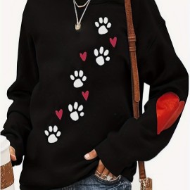 Paw & Heart Print Pullover Sweatshirt, Casual Long Sleeve Crew Neck Sweatshirt For Fall & Winter, Women's Clothing