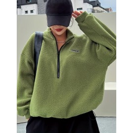 Solid Zip Front Plush Pullover Sweatshirt, Casual Long Sleeve Sweatshirt, Women's Clothing