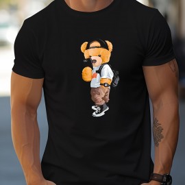 Toy Bear Print T-shirt, Men's Casual Street Style Stretch Round Neck Tee Shirt For Summer