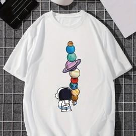 Men's Cartoon Polyester Astronaut And Planet Print Tee Best Sellers