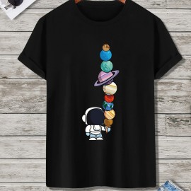 Men's Cartoon Polyester Astronaut And Planet Print Tee Best Sellers