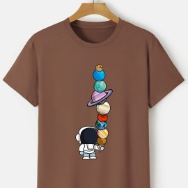 Men's Cartoon Polyester Astronaut And Planet Print Tee Best Sellers