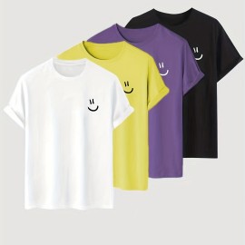 4pc/set Cartoon Smiling Face Pattern Print Men's Comfy Slightly Stretch T-shirt, Graphic Tee Men's Summer Clothes, Men's Clothing