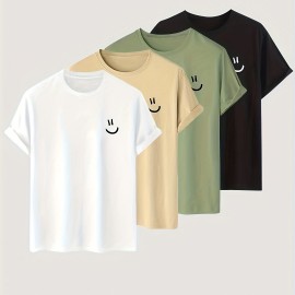 4pc/set Cartoon Smiling Face Pattern Print Men's Comfy Slightly Stretch T-shirt, Graphic Tee Men's Summer Clothes, Men's Clothing