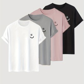 4pc/set Cartoon Smiling Face Pattern Print Men's Comfy Slightly Stretch T-shirt, Graphic Tee Men's Summer Clothes, Men's Clothing