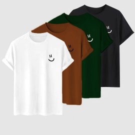 4pc/set Cartoon Smiling Face Pattern Print Men's Comfy Slightly Stretch T-shirt, Graphic Tee Men's Summer Clothes, Men's Clothing