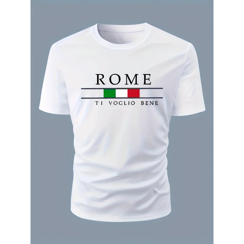 ROME Print Men's T-shirt For Summer Outdoor, Stylish Men's Crew Neck Tops, Gift For Men