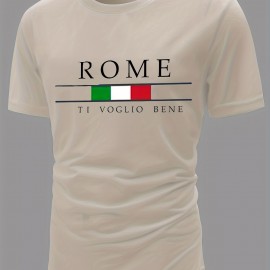 ROME Print Men's T-shirt For Summer Outdoor, Stylish Men's Crew Neck Tops, Gift For Men