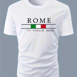 ROME Print Men's T-shirt For Summer Outdoor, Stylish Men's Crew Neck Tops, Gift For Men