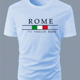 ROME Print Men's T-shirt For Summer Outdoor, Stylish Men's Crew Neck Tops, Gift For Men