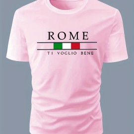 ROME Print Men's T-shirt For Summer Outdoor, Stylish Men's Crew Neck Tops, Gift For Men