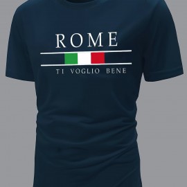 ROME Print Men's T-shirt For Summer Outdoor, Stylish Men's Crew Neck Tops, Gift For Men