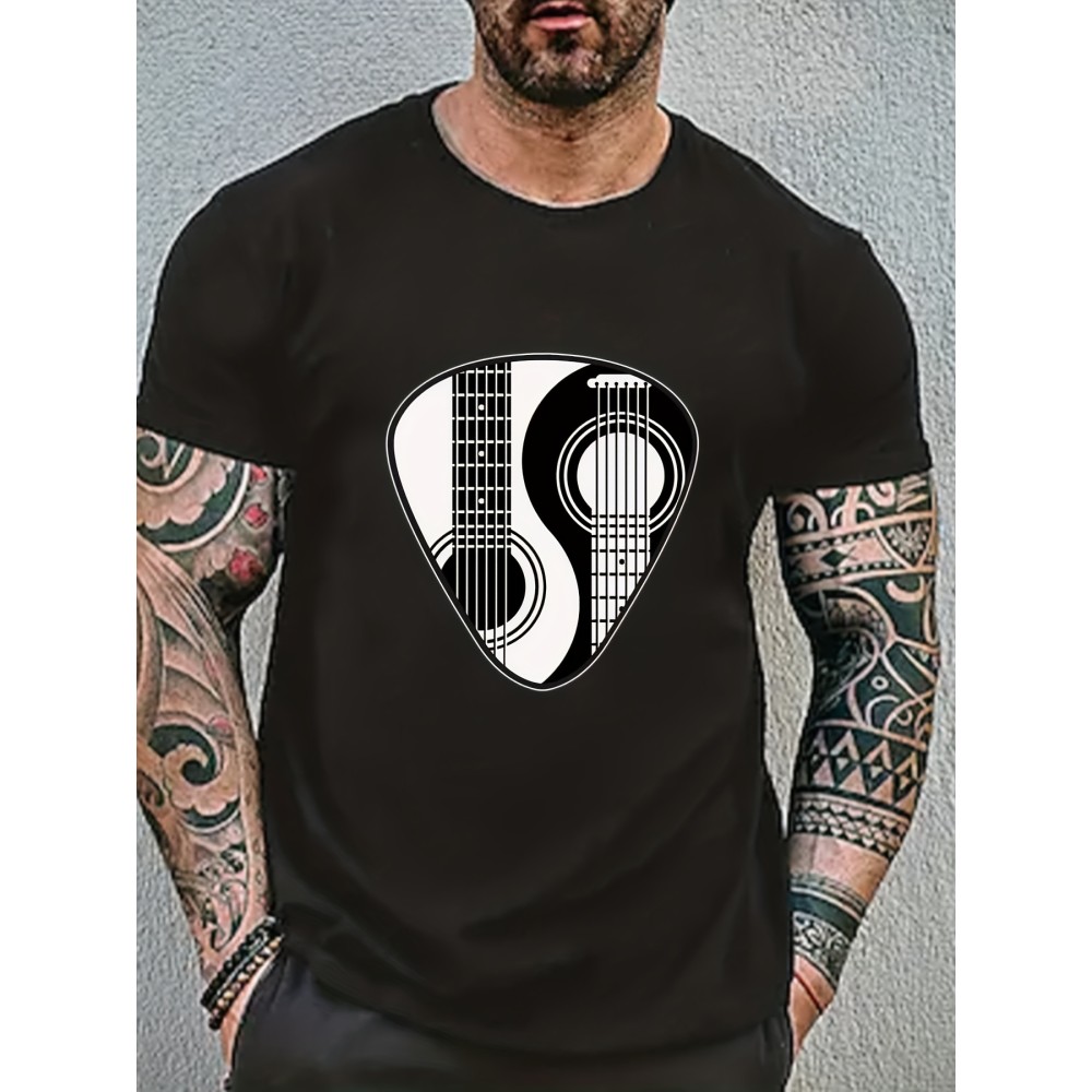 Guitar Lover Yin Yang Guitar Pattern Print Men's Comfy Slightly Stretch T-shirt, Graphic Tee Men's Summer Clothes, Men's Casual Outfits For Sports Fitness